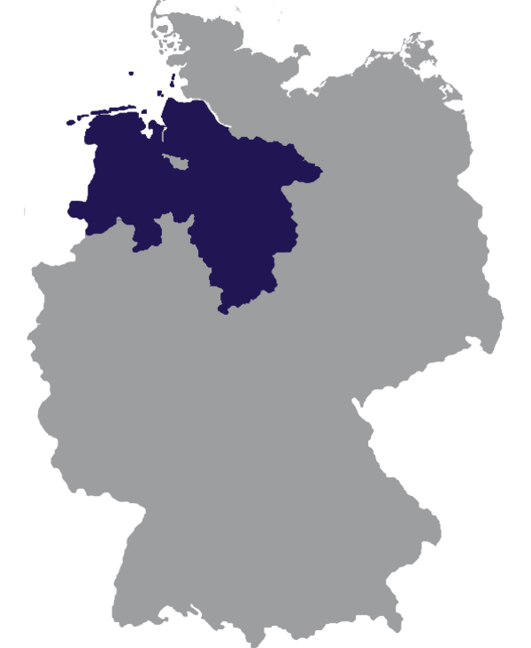 Landkaart Duitsland grijs met deelstaat Nedersaksen donkerblauw op transparante achtergrond - 600 * 733 pixels